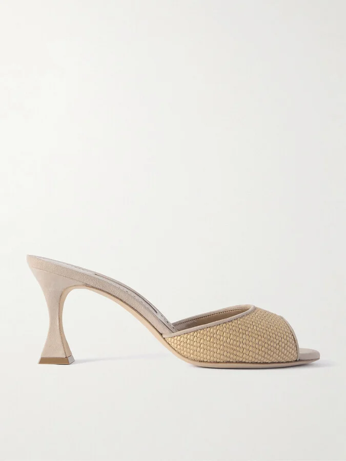 Manolo Blahnik - Jadara 70 Suede-trimmed Raffia Mules - Neutrals