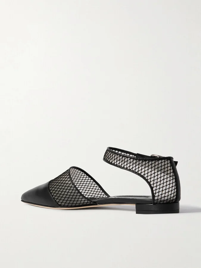 Manolo Blahnik - Jatelah 15 Leather-trimmed Mesh Pointed-toe Flats - Black - Image 3