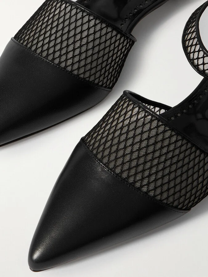 Manolo Blahnik - Jatelah 15 Leather-trimmed Mesh Pointed-toe Flats - Black - Image 4