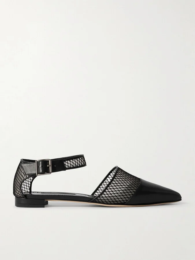 Manolo Blahnik - Jatelah 15 Leather-trimmed Mesh Pointed-toe Flats - Black