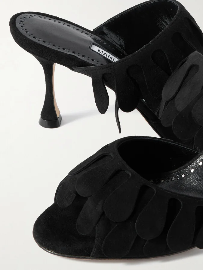 Manolo Blahnik - Kelna 70 Fringed Suede Sandals - Black - Image 4