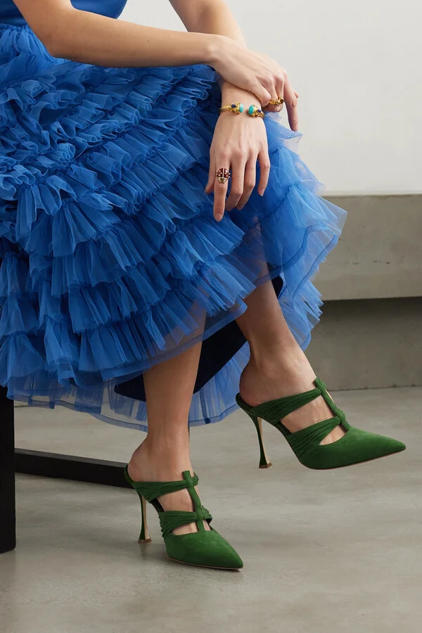 Manolo Blahnik - Kerua 105 Cutout Gathered Suede Mules - Green - Image 2
