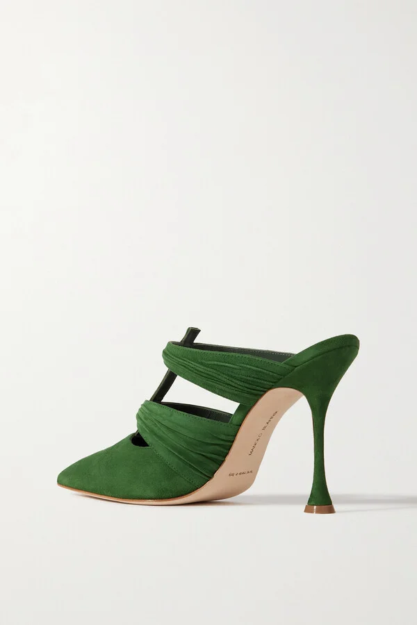 Manolo Blahnik - Kerua 105 Cutout Gathered Suede Mules - Green - Image 3