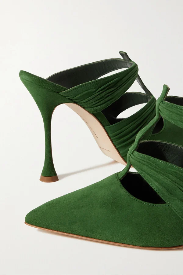 Manolo Blahnik - Kerua 105 Cutout Gathered Suede Mules - Green - Image 4