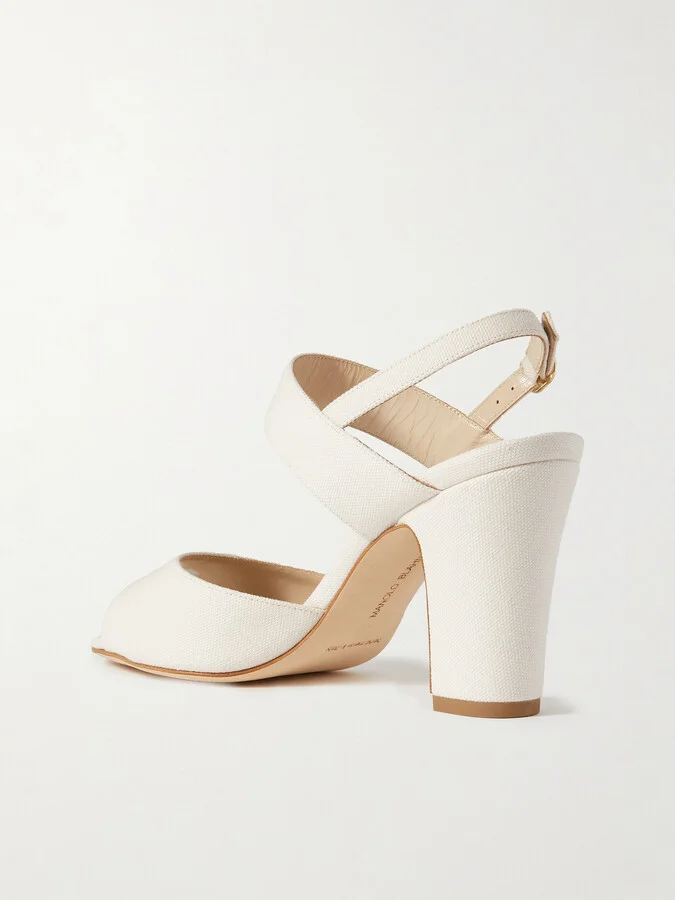 Manolo Blahnik - Khiko 90 Leather-trimmed Canvas Slingback Sandals - Cream - Image 3