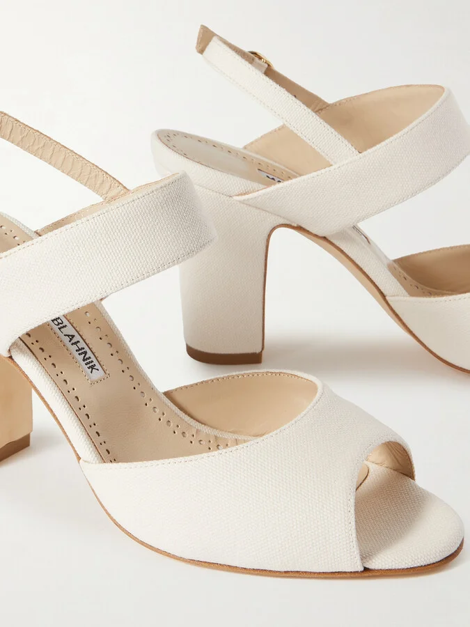 Manolo Blahnik - Khiko 90 Leather-trimmed Canvas Slingback Sandals - Cream - Image 4