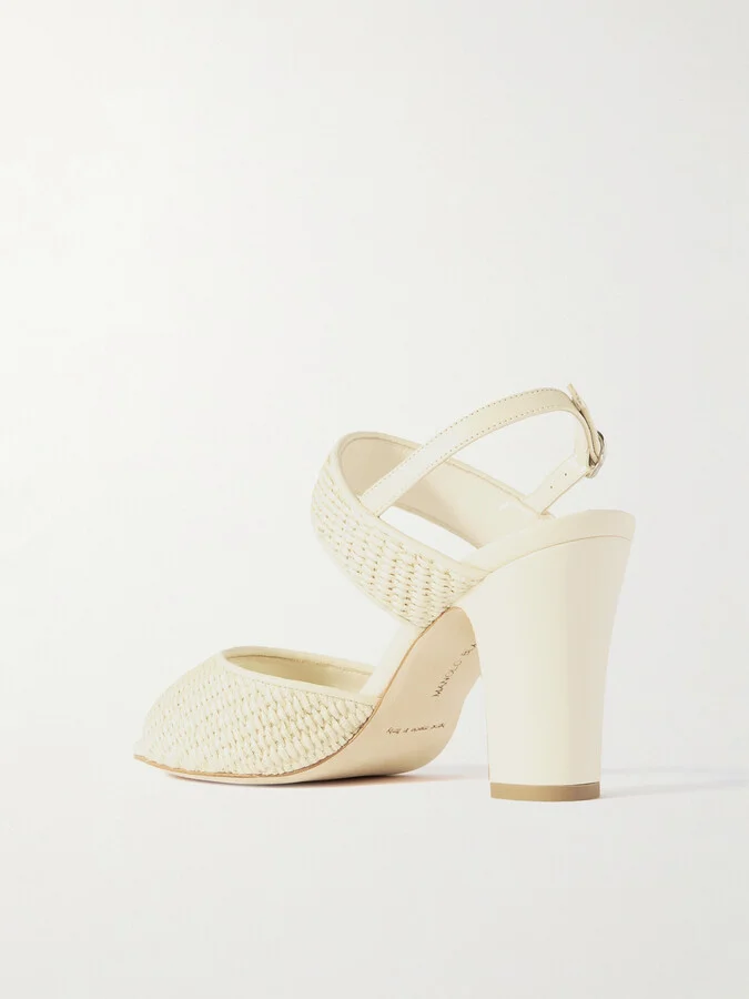 Manolo Blahnik - Khiko 90 Leather-trimmed Raffia Sandals - Cream - Image 3