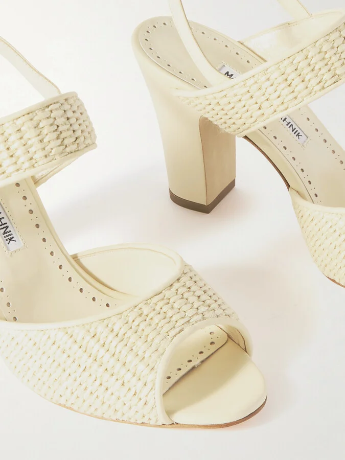Manolo Blahnik - Khiko 90 Leather-trimmed Raffia Sandals - Cream - Image 4