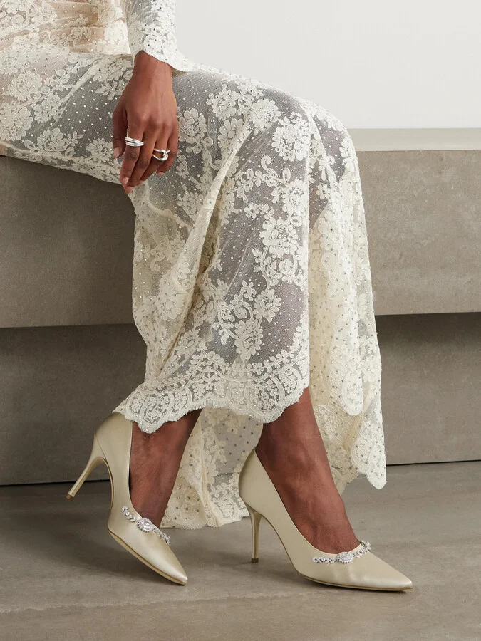 Manolo Blahnik - Lamikpump 90 Crystal-embellished Satin Pumps - Cream - Image 2