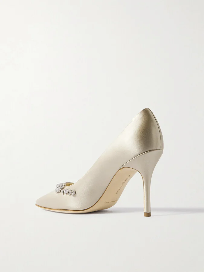 Manolo Blahnik - Lamikpump 90 Crystal-embellished Satin Pumps - Cream - Image 3