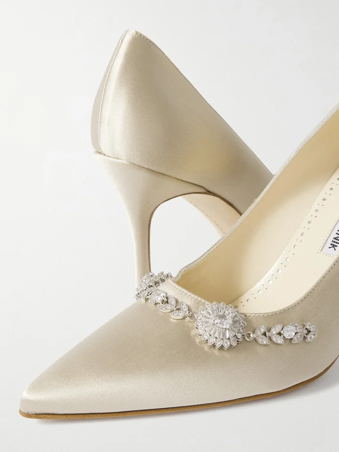 Manolo Blahnik - Lamikpump 90 Crystal-embellished Satin Pumps - Cream - Image 4