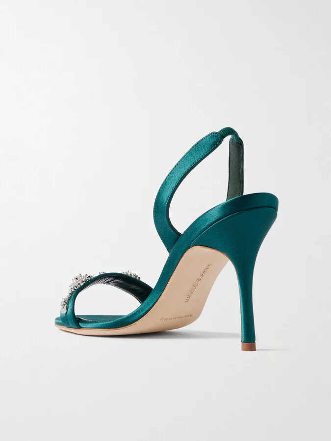 Manolo Blahnik - Lamisan 90 Crystal-embellished Satin Slingback Sandals - Green - Image 3