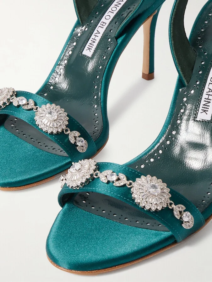Manolo Blahnik - Lamisan 90 Crystal-embellished Satin Slingback Sandals - Green - Image 4