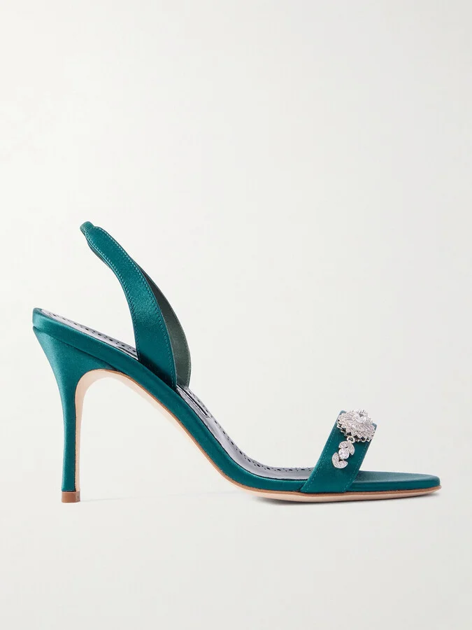 Manolo Blahnik - Lamisan 90 Crystal-embellished Satin Slingback Sandals - Green