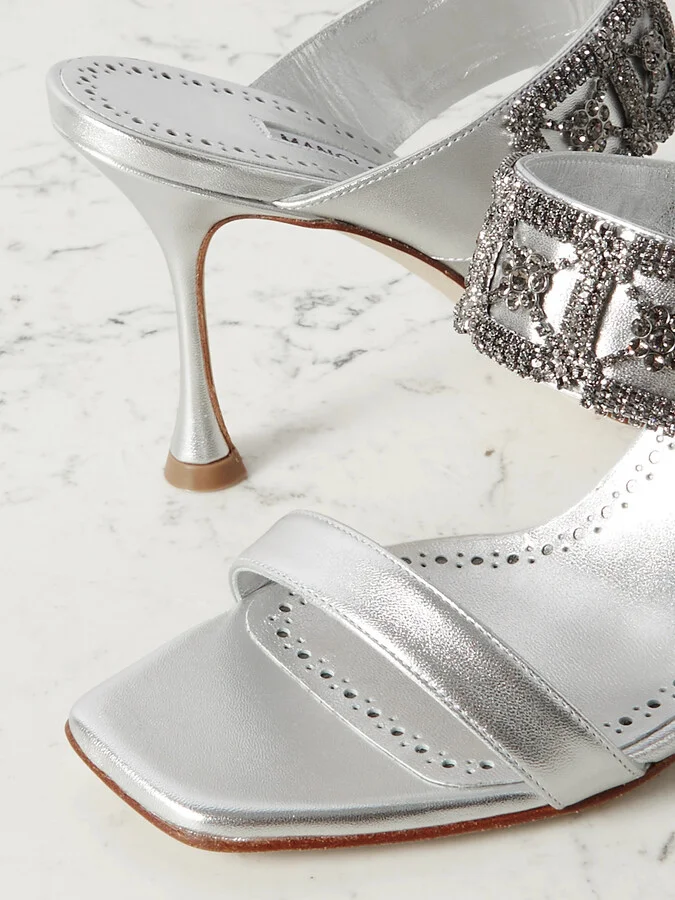 Manolo Blahnik - Larapa 90 Crystal-embellished Metallic Leather Sandals - Silver - Image 4
