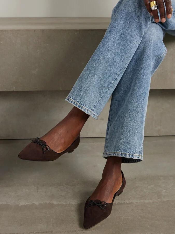 Manolo Blahnik - Leather-trimmed Suede Point-toe Flats - Brown - Image 2