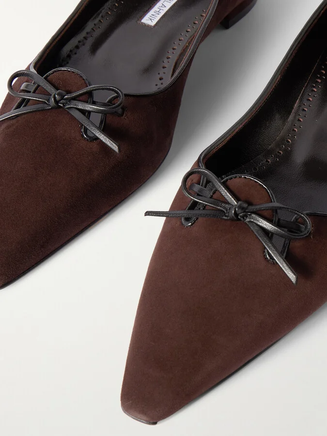 Manolo Blahnik - Leather-trimmed Suede Point-toe Flats - Brown - Image 4