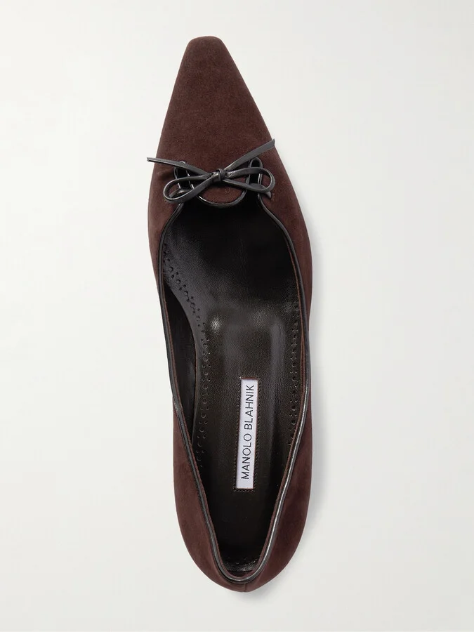 Manolo Blahnik - Leather-trimmed Suede Point-toe Flats - Brown - Image 5