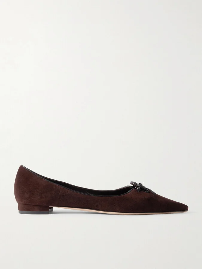 Manolo Blahnik - Leather-trimmed Suede Point-toe Flats - Brown