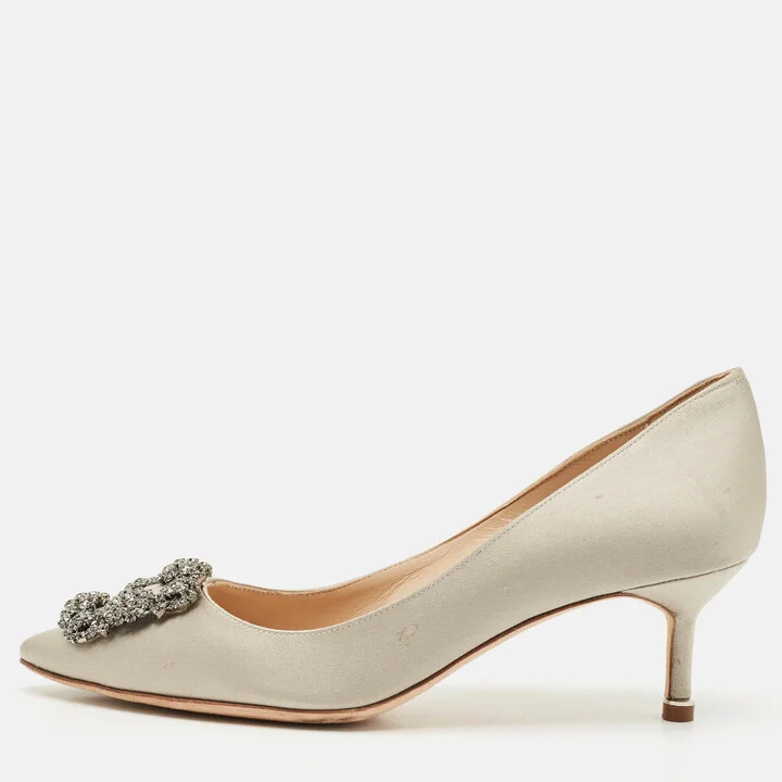 Manolo Blahnik Light Grey Satin Hangisi Crystal Embellished Pumps 37.5