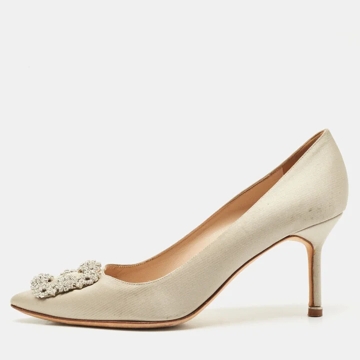 Manolo Blahnik Light Grey Satin Hangisi Crystal Embellished Pumps Size 39.5