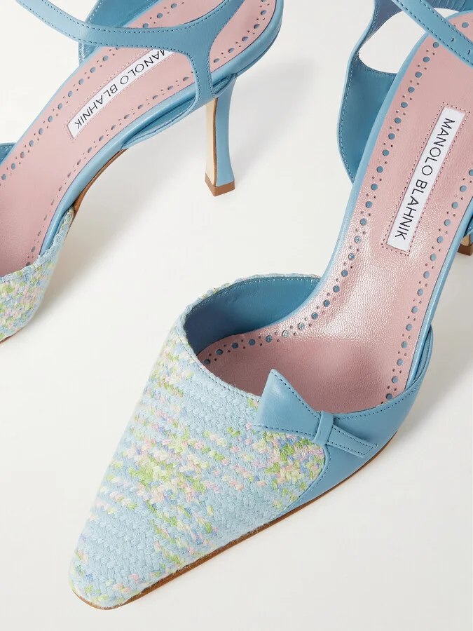 Manolo Blahnik - Limor 90 Leather And Woven Pumps - Blue - Image 4
