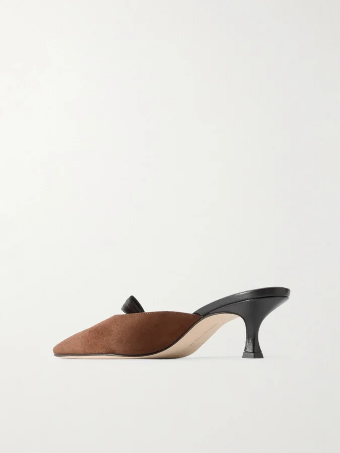 Manolo Blahnik - Limormu 50 Bow-detailed Two-tone Leather And Suede Mules - Brown - Image 3
