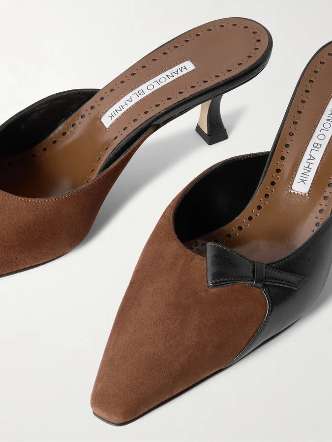 Manolo Blahnik - Limormu 50 Bow-detailed Two-tone Leather And Suede Mules - Brown - Image 4
