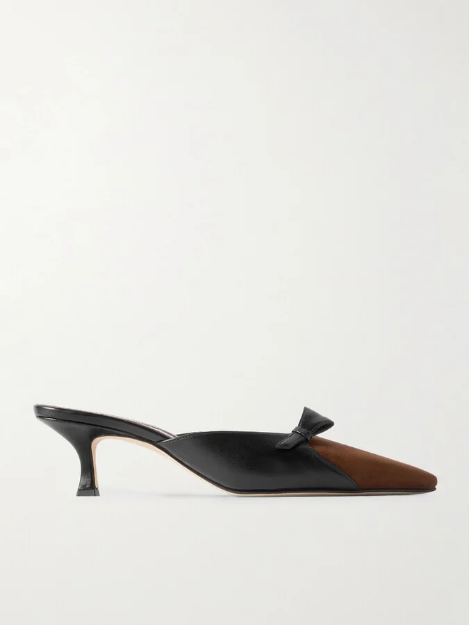 Manolo Blahnik - Limormu 50 Bow-detailed Two-tone Leather And Suede Mules - Brown
