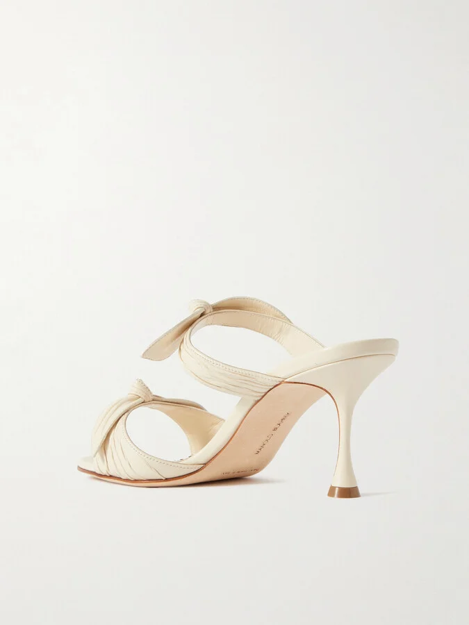 Manolo Blahnik - Lollo 70 Bow-embellished Leather Mules - Cream - Image 3