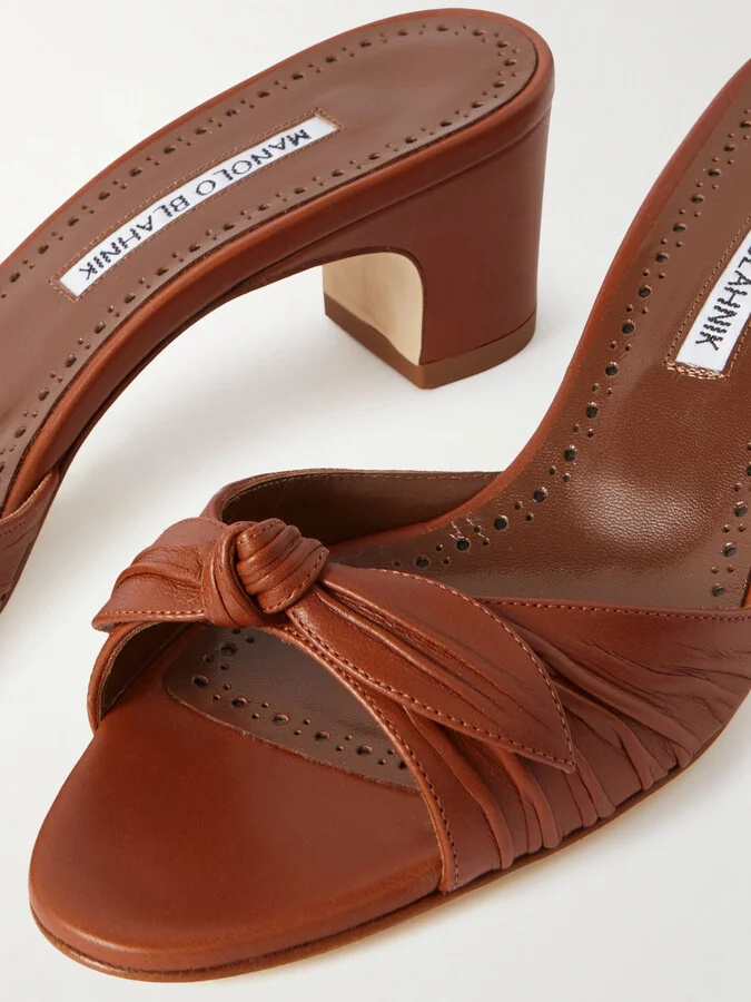 Manolo Blahnik - Lolloso 50 Bow-detailed Ruched Leather Mules - Brown - Image 4