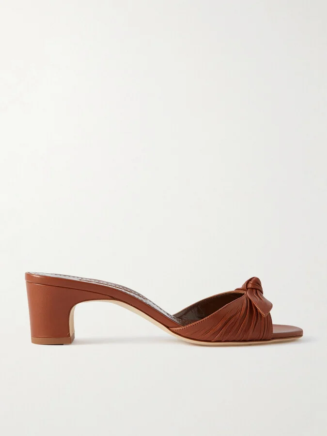 Manolo Blahnik - Lolloso 50 Bow-detailed Ruched Leather Mules - Brown
