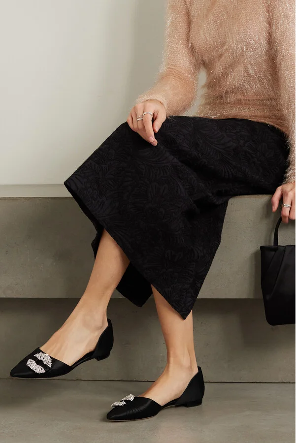 Manolo Blahnik - Luanda Crystal-embellished Satin Point-toe Flats - Black - Image 2