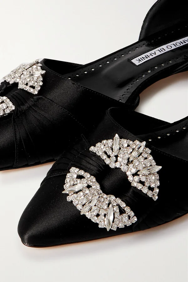 Manolo Blahnik - Luanda Crystal-embellished Satin Point-toe Flats - Black - Image 4