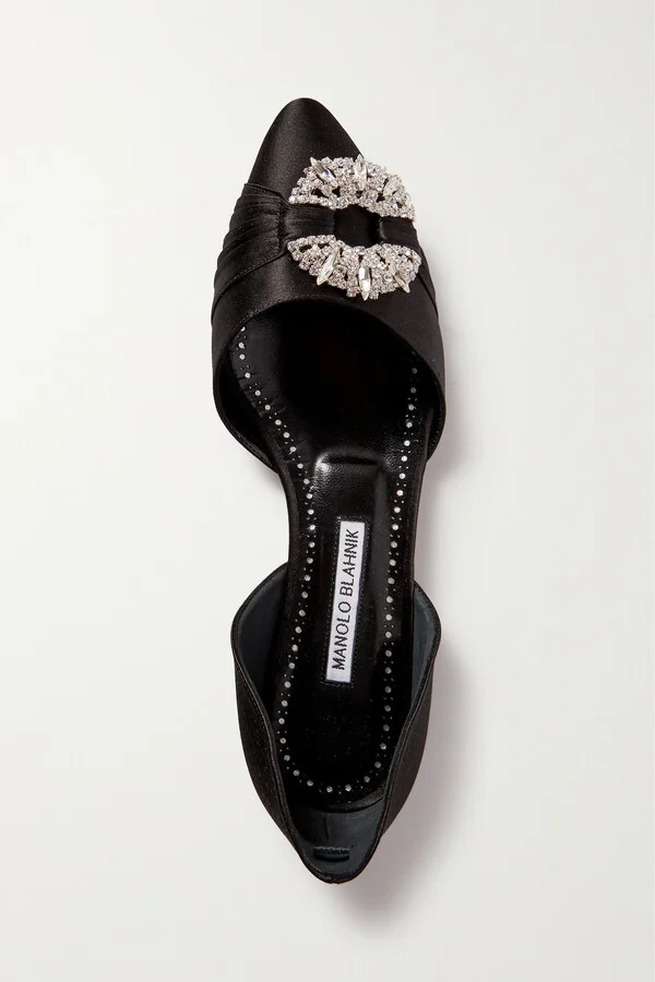 Manolo Blahnik - Luanda Crystal-embellished Satin Point-toe Flats - Black - Image 5