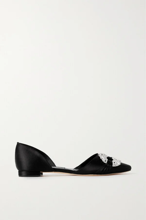 Manolo Blahnik - Luanda Crystal-embellished Satin Point-toe Flats - Black