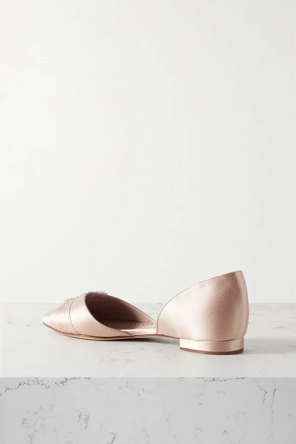 Manolo Blahnik - Luanda Crystal-embellished Satin Point-toe Flats - Neutrals - Image 3