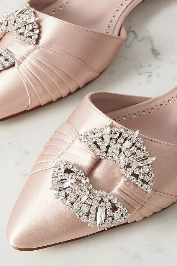 Manolo Blahnik - Luanda Crystal-embellished Satin Point-toe Flats - Neutrals - Image 4