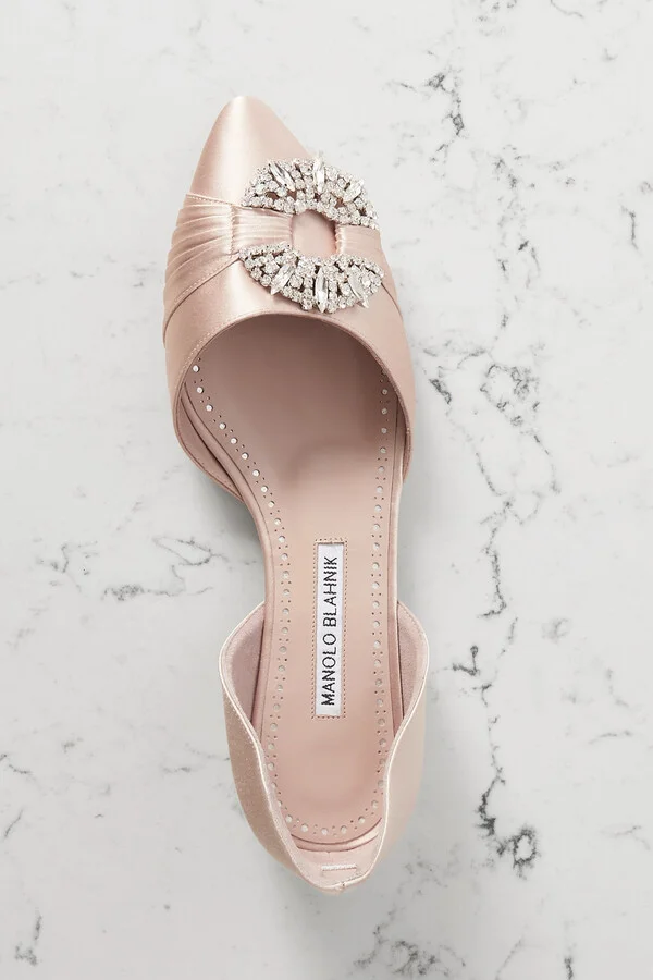 Manolo Blahnik - Luanda Crystal-embellished Satin Point-toe Flats - Neutrals - Image 5