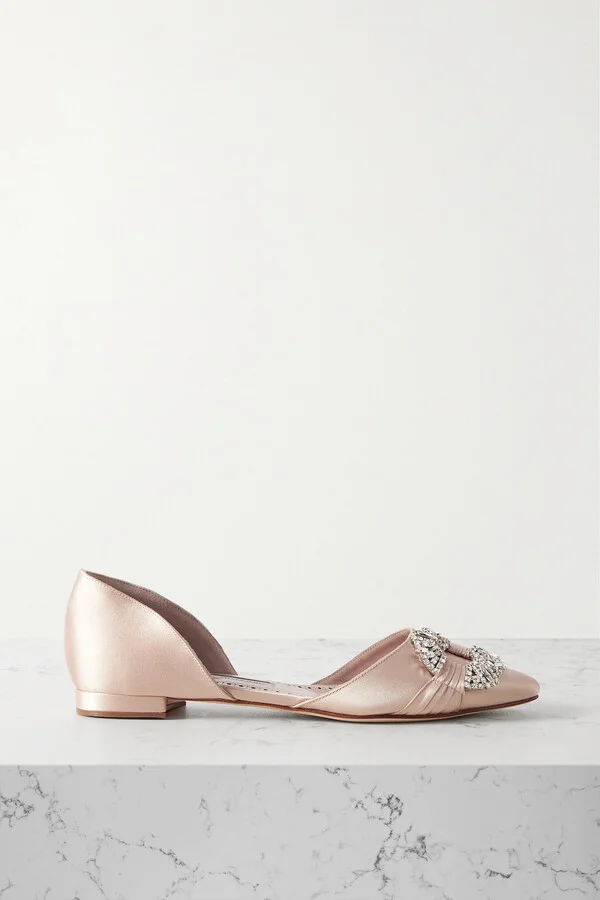 Manolo Blahnik - Luanda Crystal-embellished Satin Point-toe Flats - Neutrals