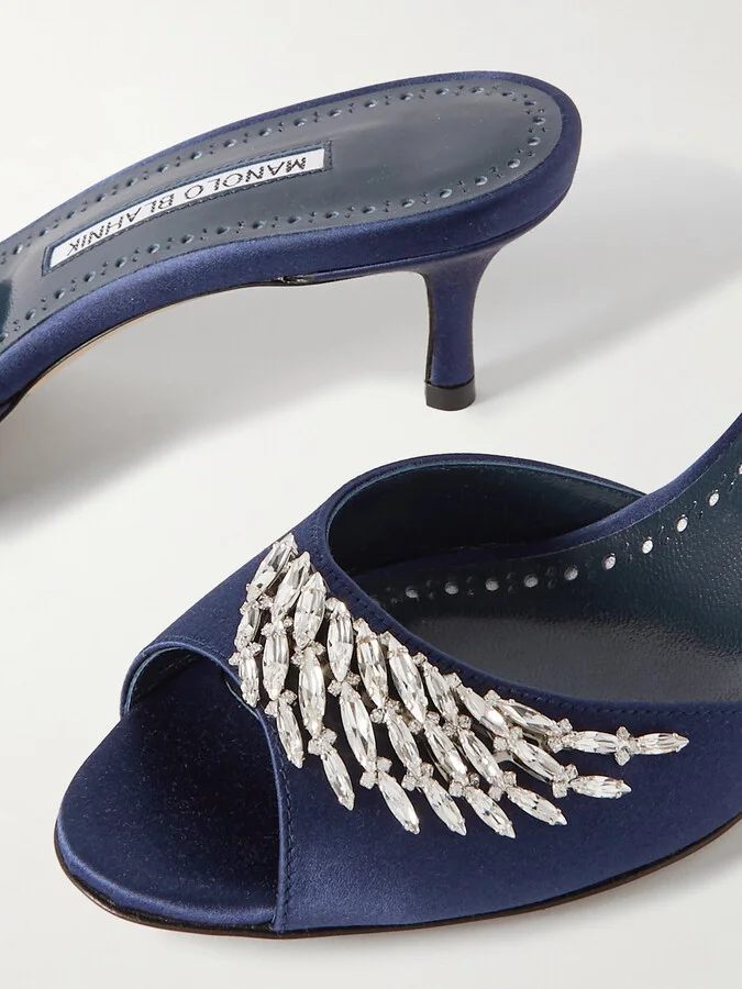 Manolo Blahnik - Lumada 50 Crystal-embellished Satin Mules - Blue - Image 4