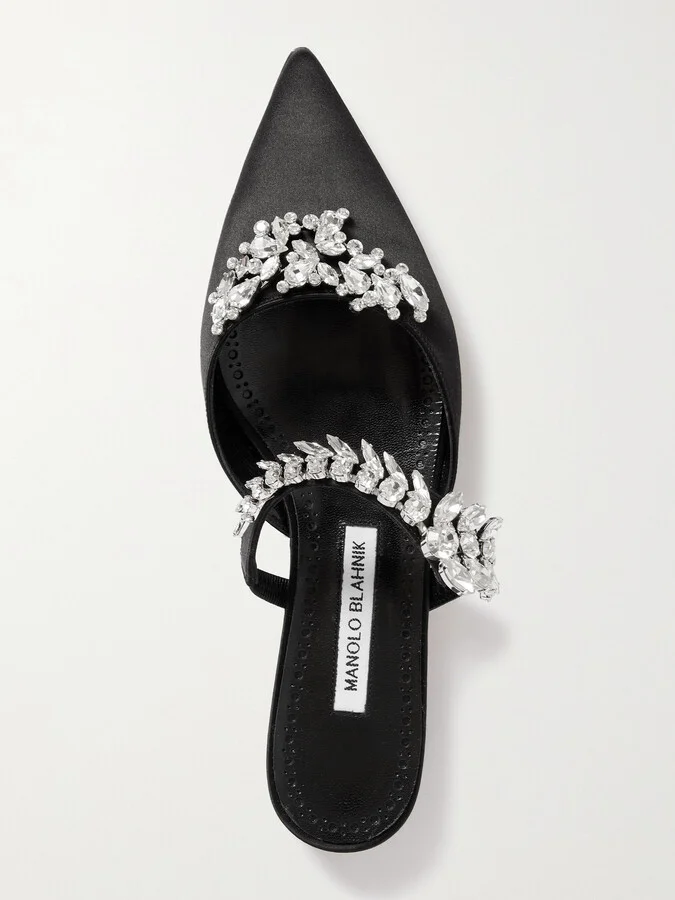 Manolo Blahnik - Lurum 45 Crystal-embellished Satin Mules - Black - Image 5