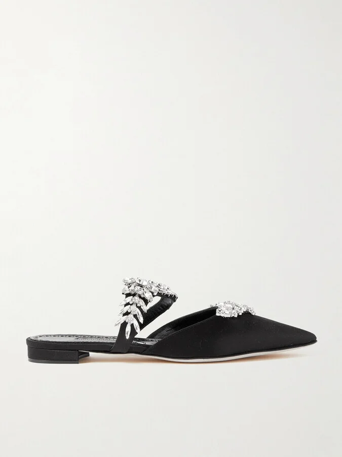 Manolo Blahnik - Lurum 45 Crystal-embellished Satin Mules - Black
