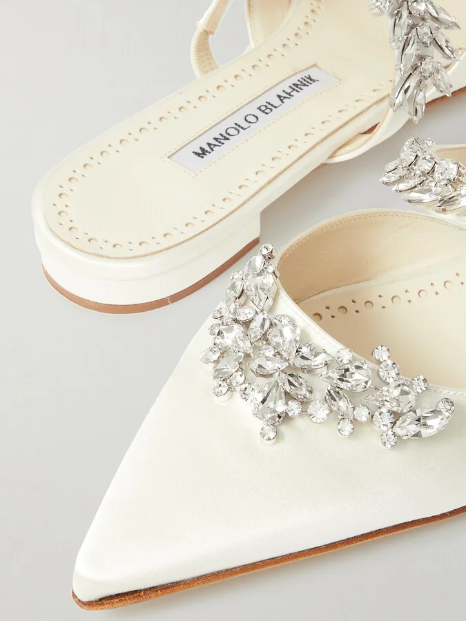 Manolo Blahnik - Lurum 45 Crystal-embellished Satin Mules - Cream - Image 4