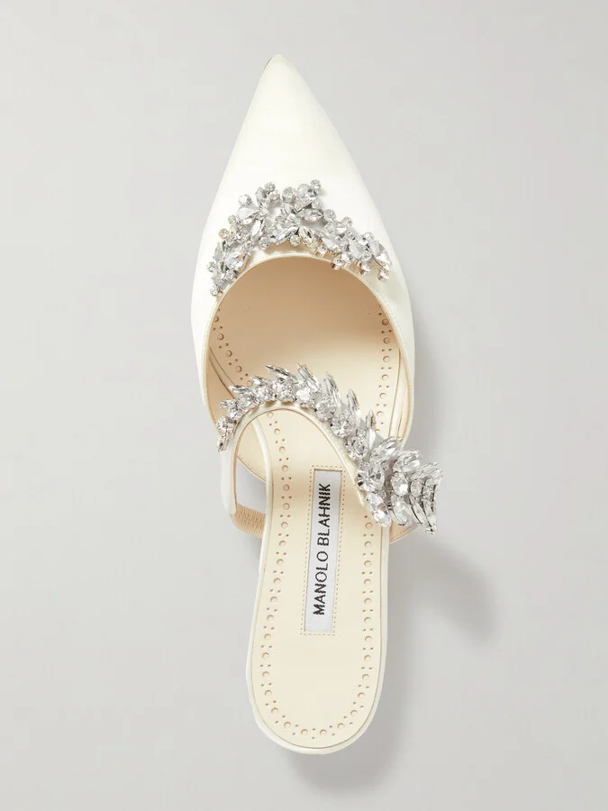 Manolo Blahnik - Lurum 45 Crystal-embellished Satin Mules - Cream - Image 5