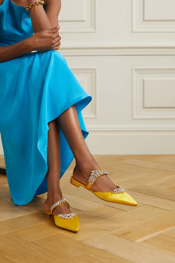 Manolo Blahnik - Lurum 45 Crystal-embellished Satin Mules - Yellow - Image 2
