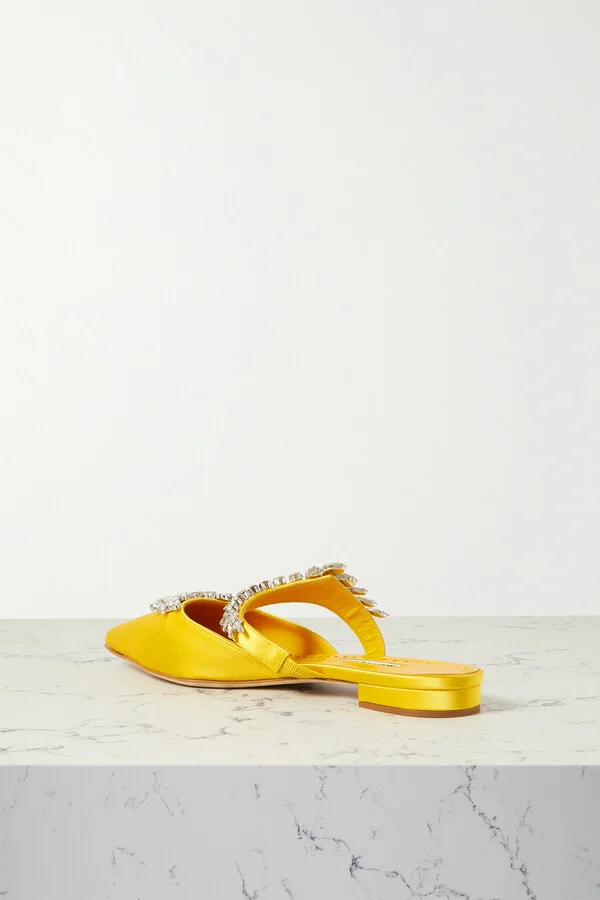 Manolo Blahnik - Lurum 45 Crystal-embellished Satin Mules - Yellow - Image 3