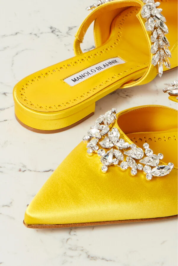 Manolo Blahnik - Lurum 45 Crystal-embellished Satin Mules - Yellow - Image 4