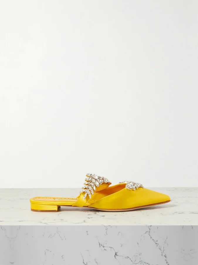 Manolo Blahnik - Lurum 45 Crystal-embellished Satin Mules - Yellow