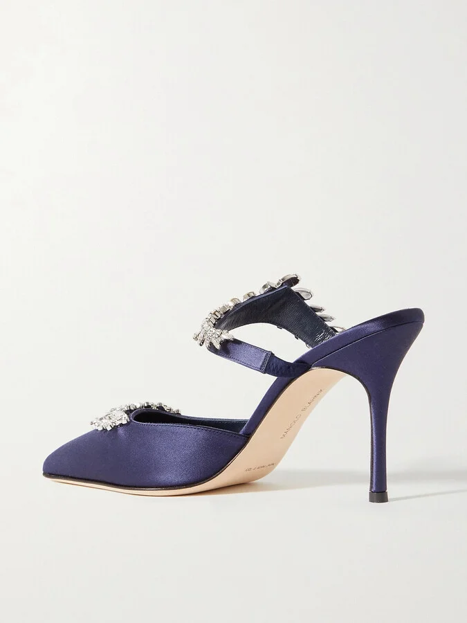 Manolo Blahnik - Lurum 90 Crystal-embellished Satin Mules - Blue - Image 3